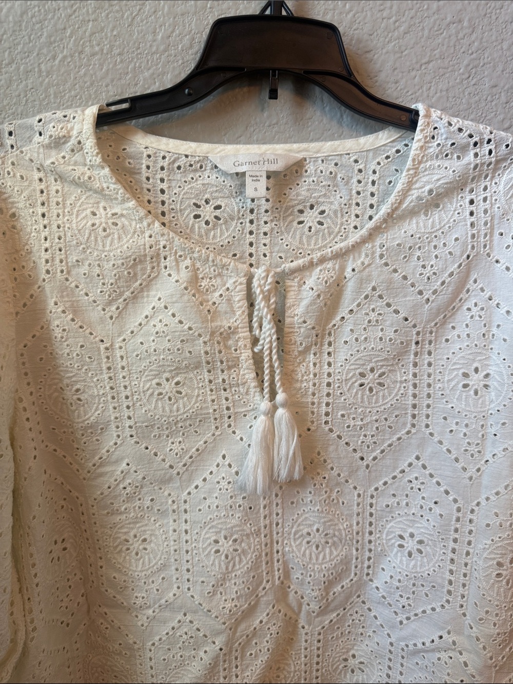 Boho Chic Garnet Hill White Eyelet Peasant Tassel Tunic Long Sleeve Blouse - Picture 5 of 6